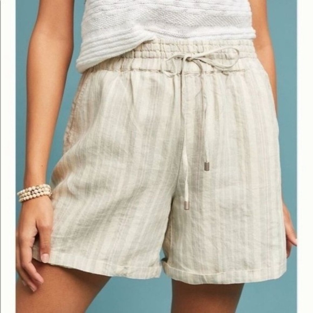 Anthropologie High Rise Linen Coastal‎ Cream Striped Elastic Waist Shorts XS